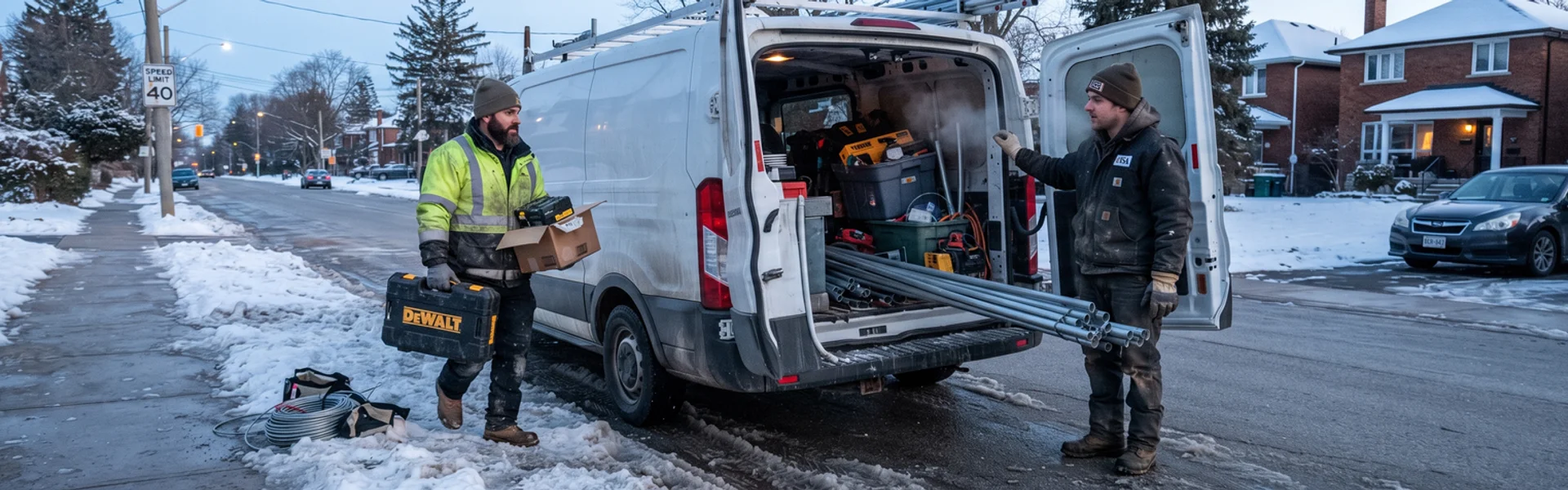 EV charger installation crew loading tools into a work van on a Toronto street