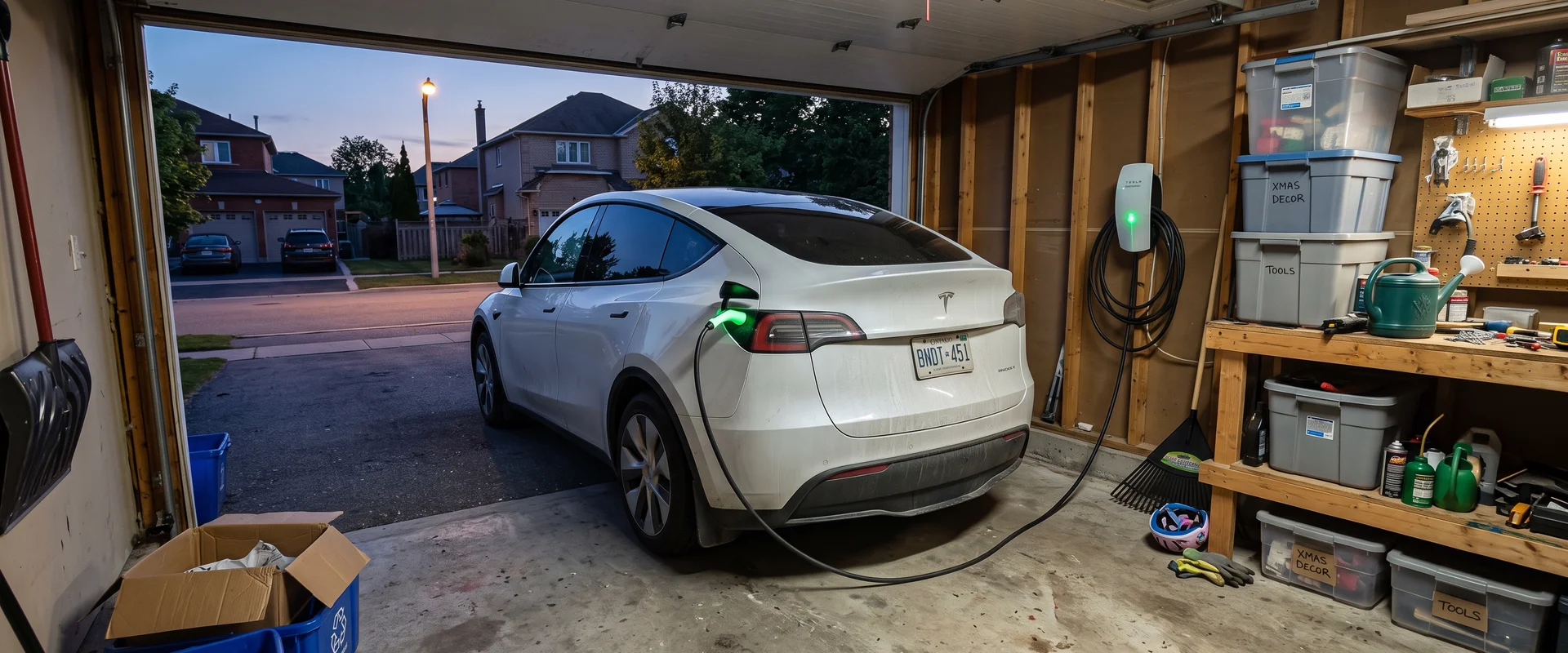 Electric vehicle charging from a wall-mounted Level 2 charger in a Toronto garage