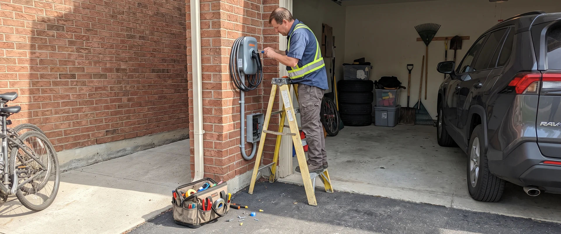 Licensed electrician installing a Level 2 EV charger at a Greater Toronto Area home