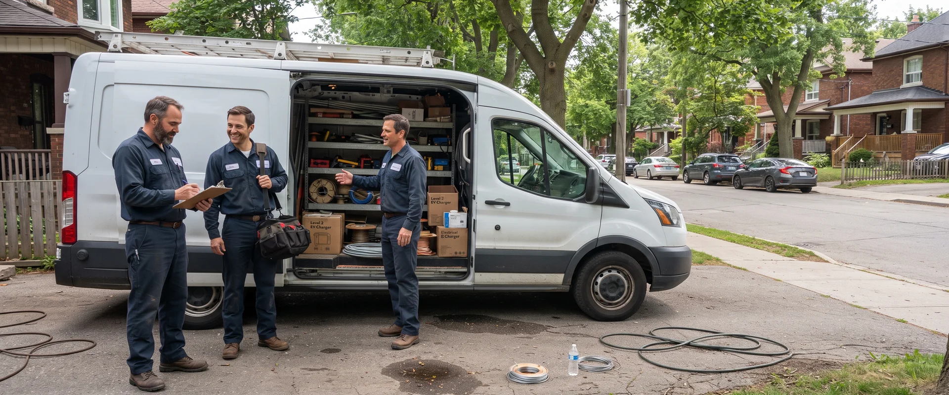 ESA-licensed electricians beside a work van loaded with EV charging equipment in Toronto