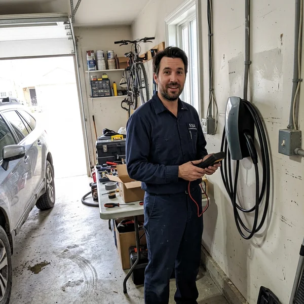 ESA-licensed electrician holding a multimeter beside a newly mounted wall connector