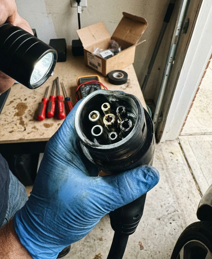 Scorched charger connector and damaged contact pins during a repair inspection
