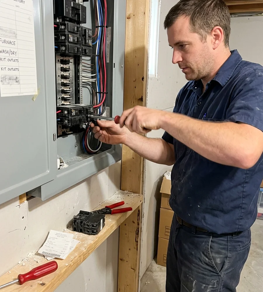 Electrician torquing a double pole breaker inside a new 200A panel