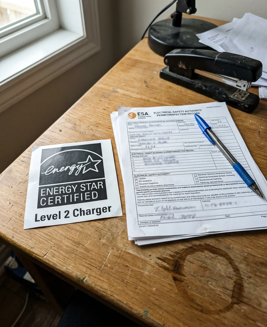 ENERGY STAR certified charger label beside ESA permit documents