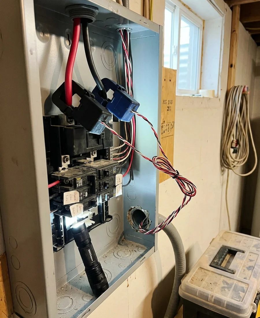 Current transformer clamps fitted around main service conductors