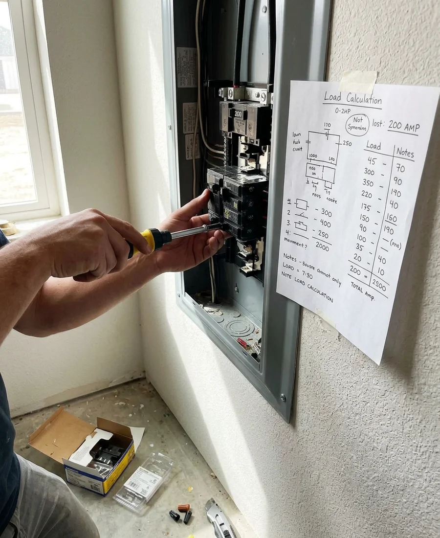Hands torquing a double pole breaker into a new 200A panel