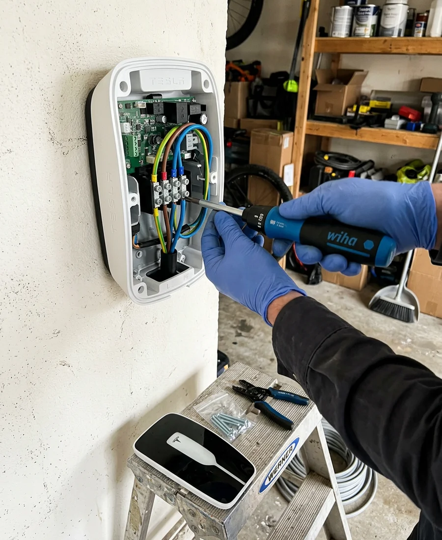 Neutral-free wiring landed inside a Tesla Gen 3 Wall Connector during installation