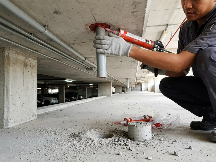 Core-drilled penetration being fire-stopped in a condo parking level