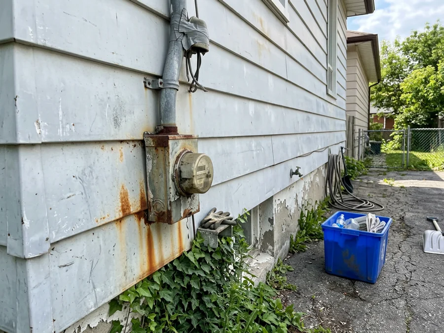 Corroded original meter base and undersized service mast before replacement