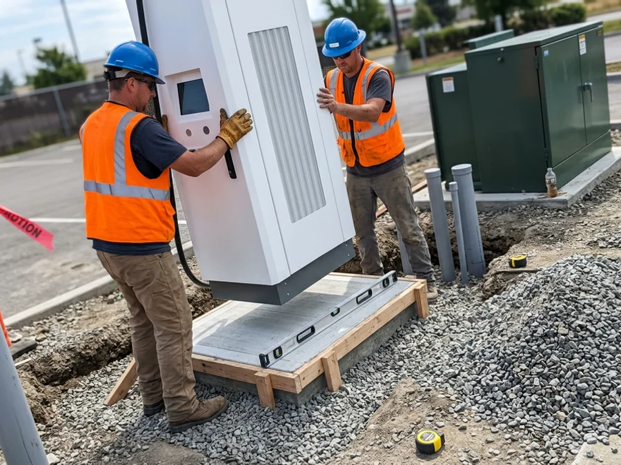 DC fast charger set on a concrete transformer pad