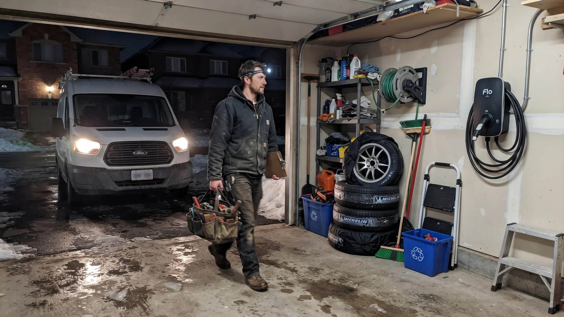 Electrician arriving at night to inspect a tripped EV charger circuit in Toronto