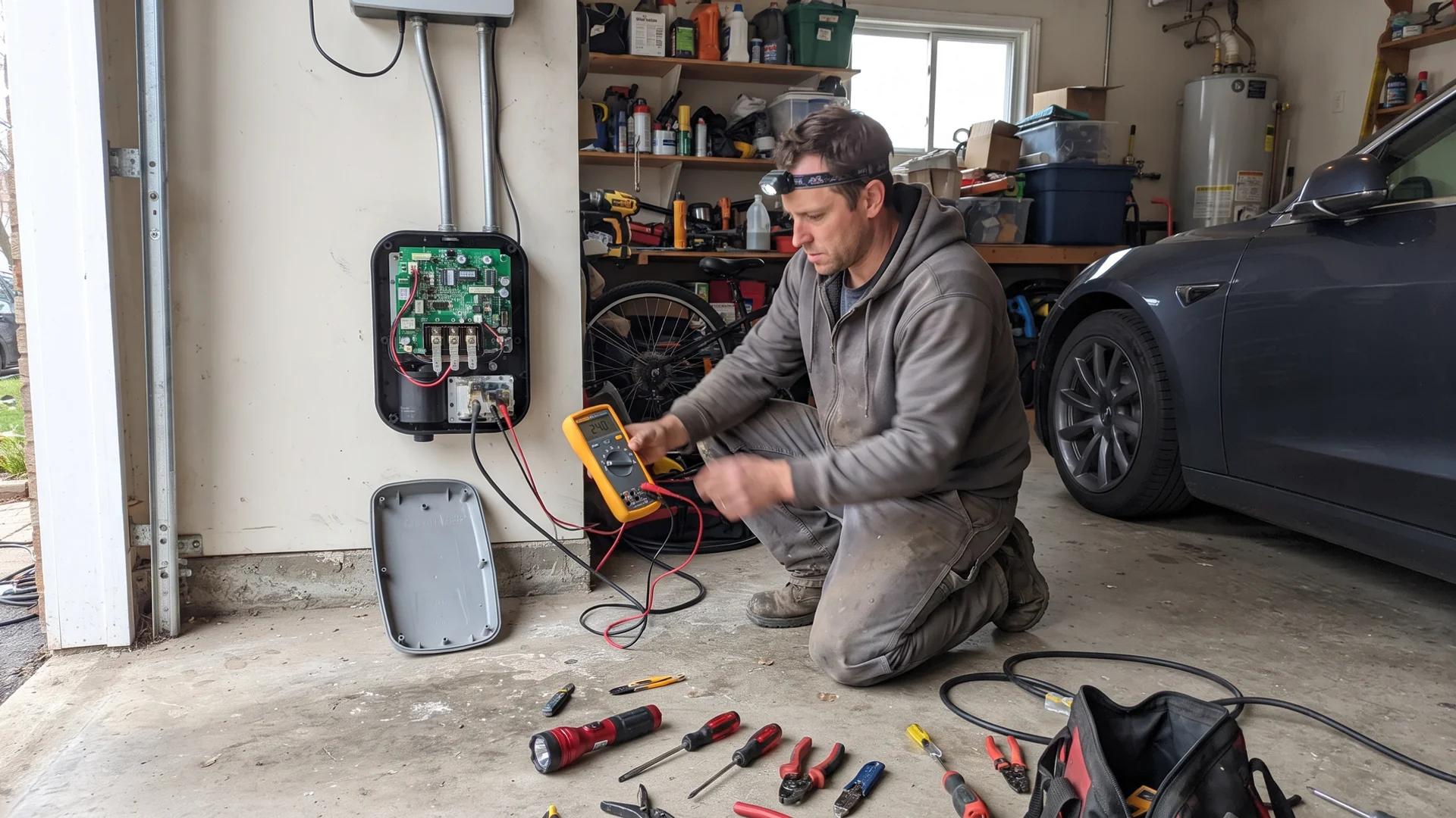 Electrician diagnosing a faulty Level 2 EV charger with a multimeter