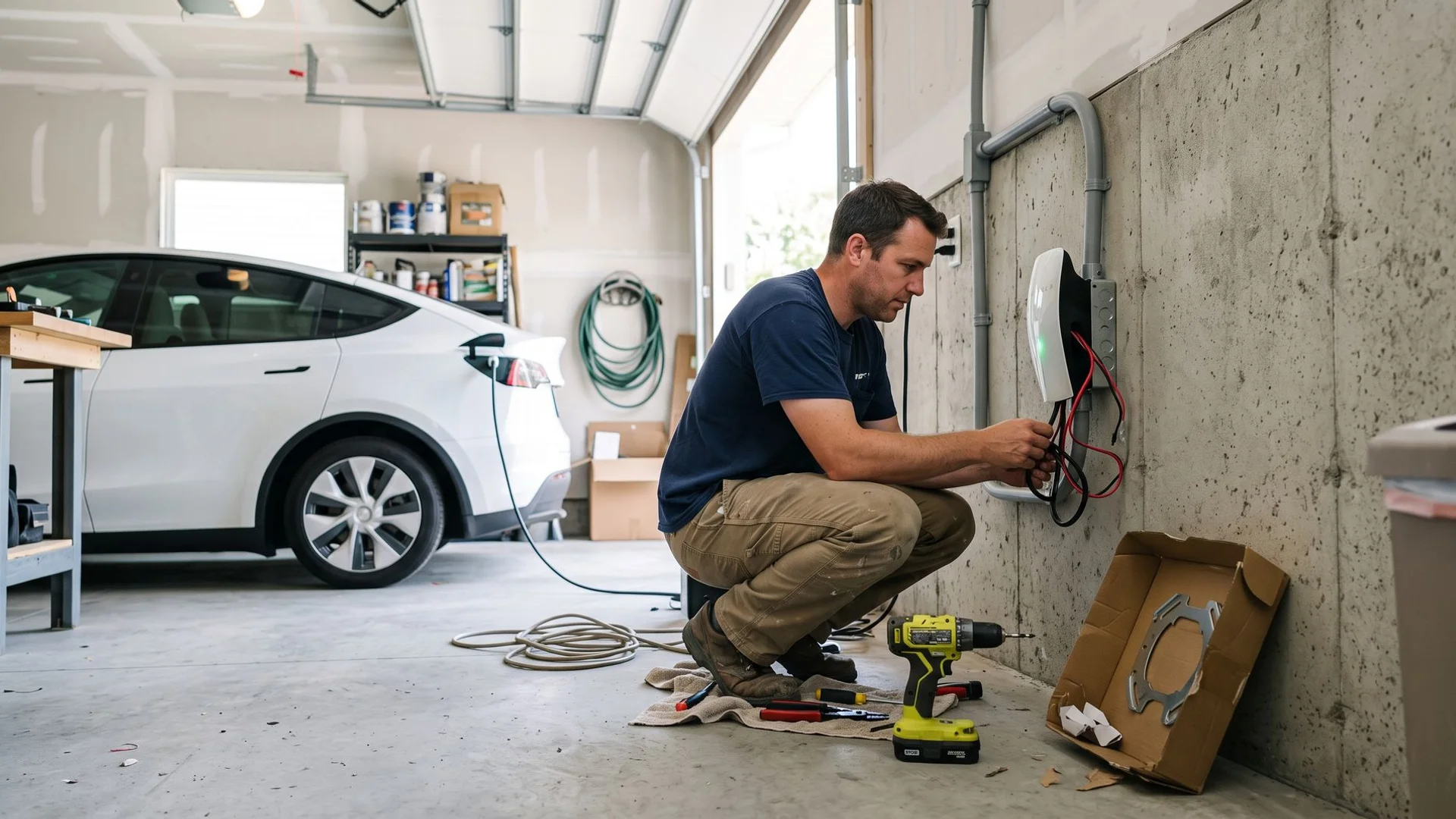 Electrician hardwiring a Tesla Gen 3 Wall Connector beside a Tesla Model Y in a Toronto garage