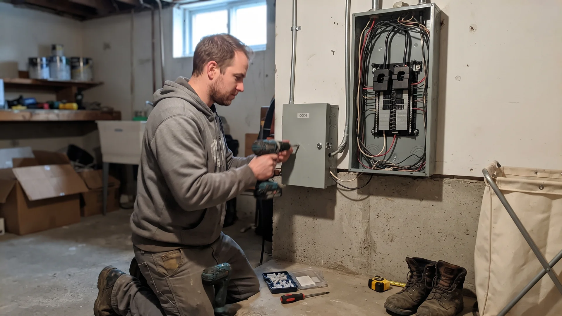 Electrician installing a DCC-9 demand charge controller beside a 100A panel