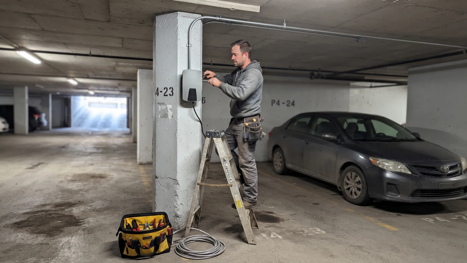 Electrician installing a Level 2 EV charger in a Toronto condo parking garage