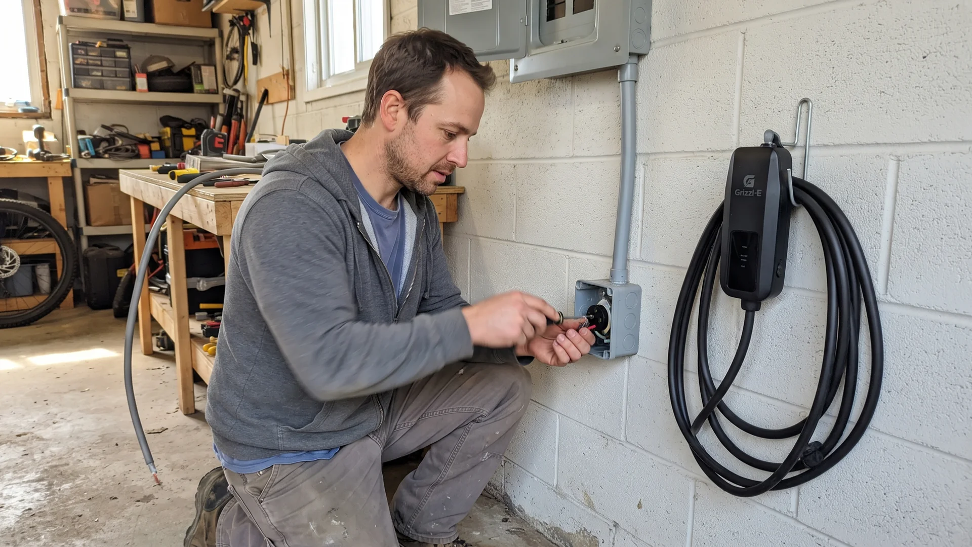 Electrician installing a NEMA 14-50 receptacle on a Toronto garage wall