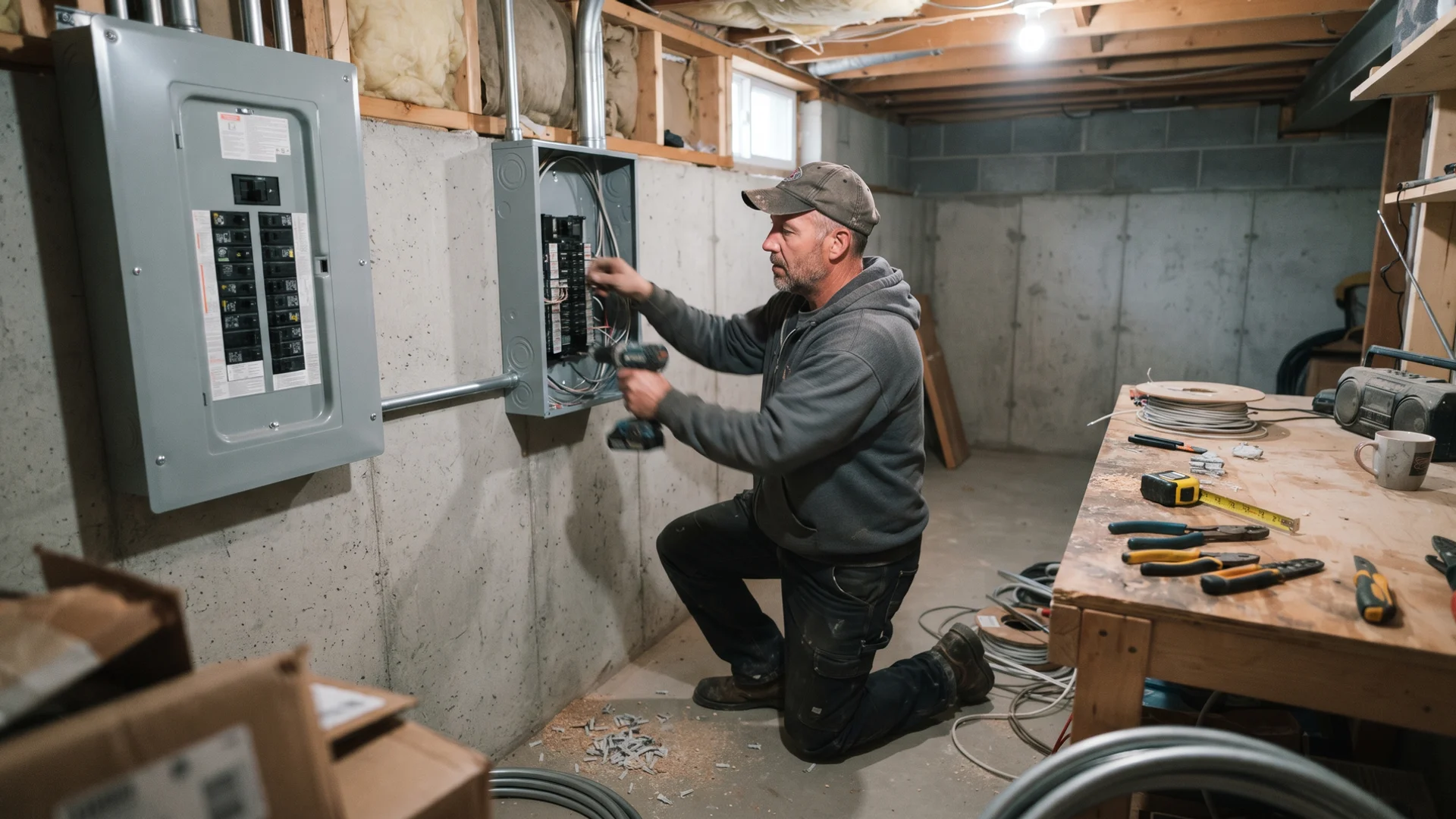 Electrician mounting a subpanel beside a full main panel in a Toronto basement