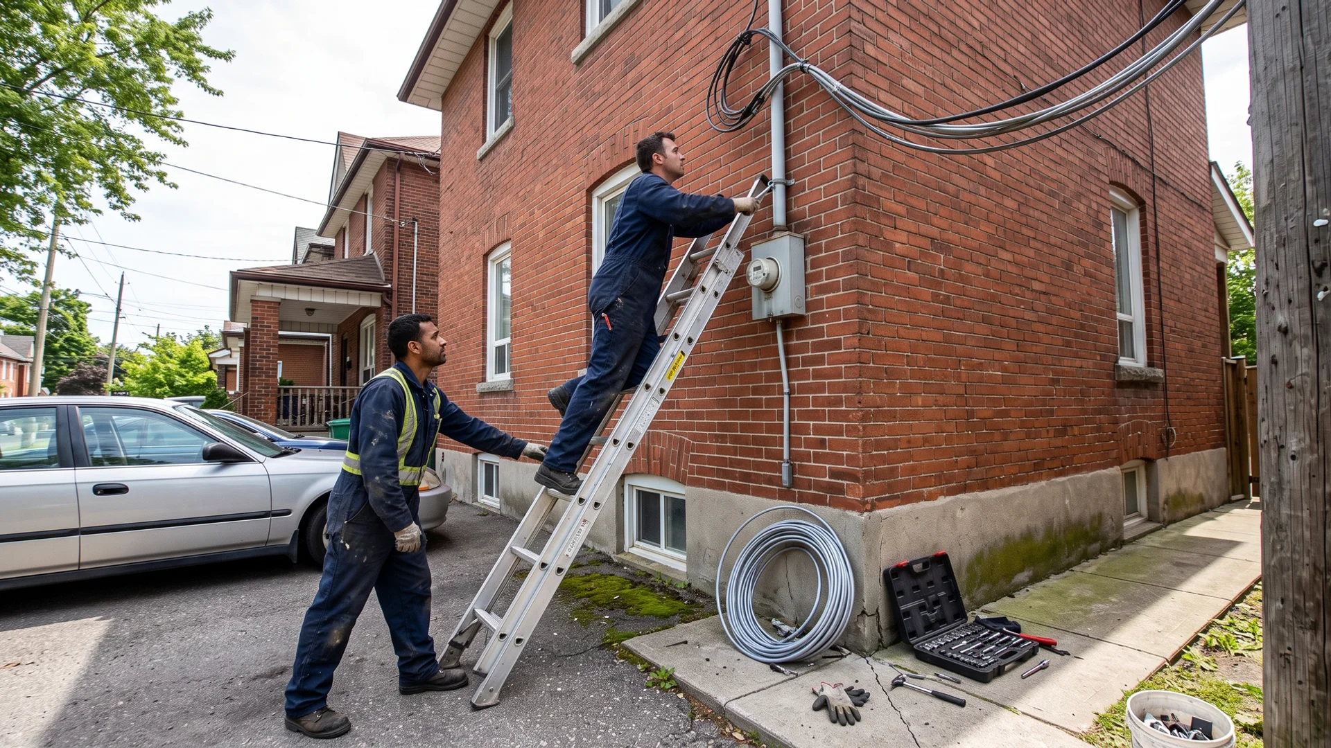 Electrician replacing a service mast and meter base on a Toronto home