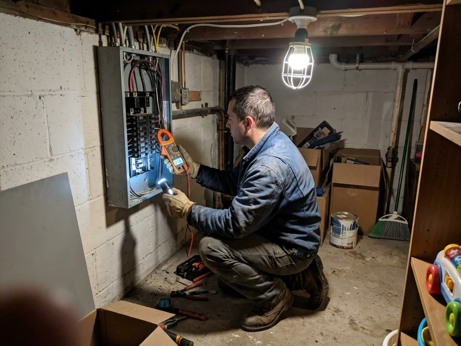 Testing a repeatedly tripping breaker at night in a Toronto basement