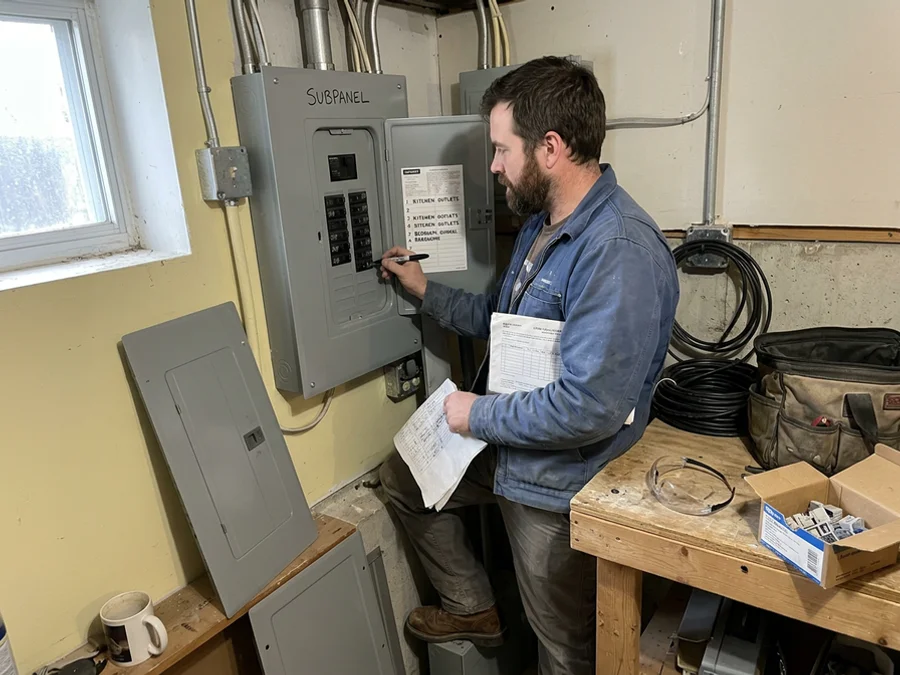 Electrician labelling the circuit directory inside a new subpanel