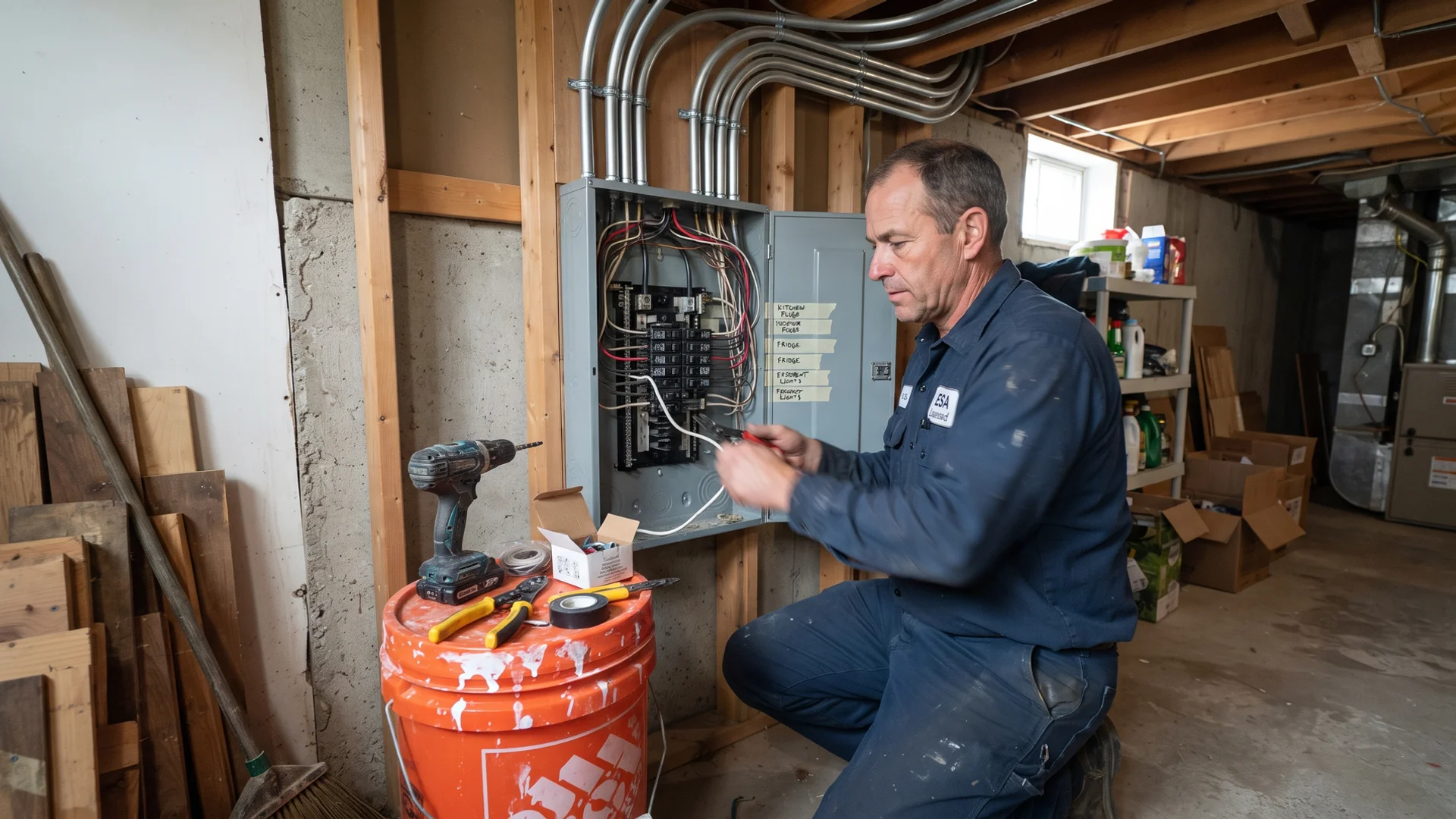 Electrician installing a new 200A breaker panel in a Toronto basement