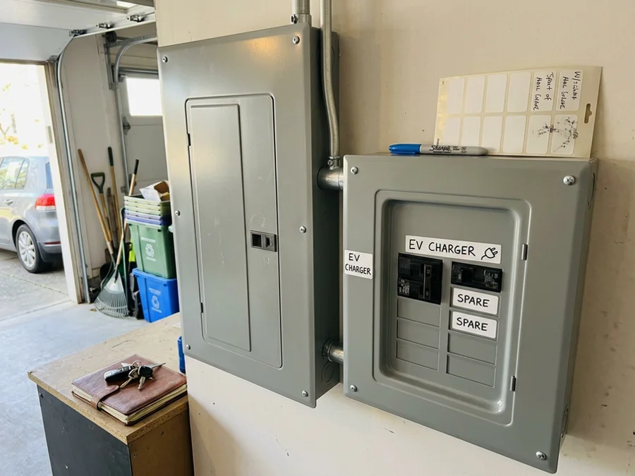 Finished subpanel with a labelled EV charger circuit and spare spaces