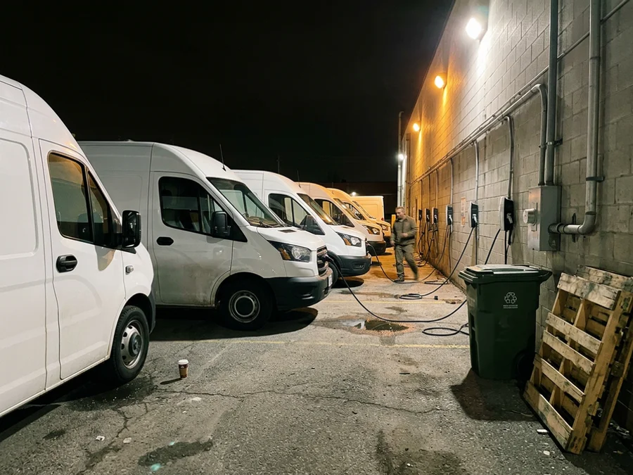 Electric delivery vans charging at a GTA depot overnight