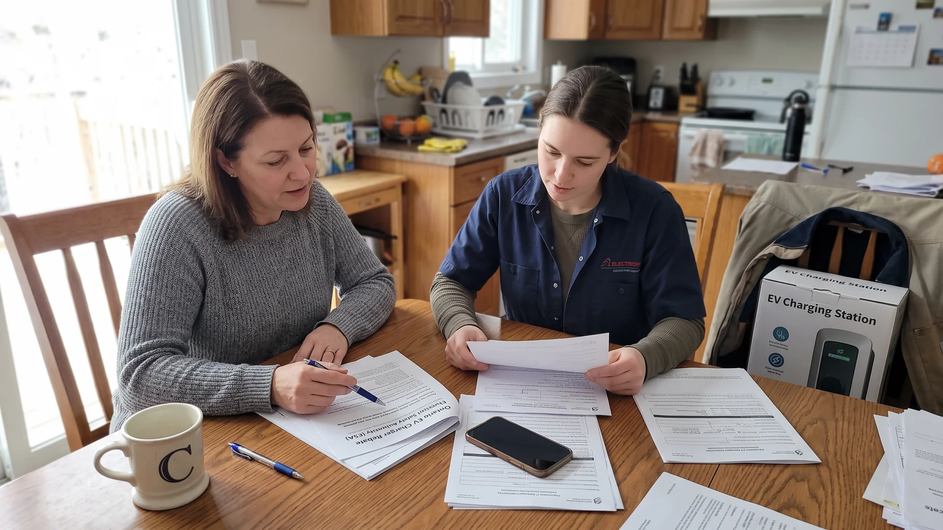 Homeowner and electrician reviewing Ontario EV charger rebate paperwork