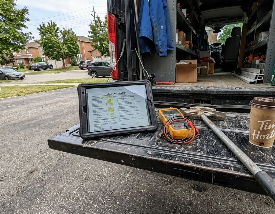 Load calculator and multimeter on a work van tailgate at a GTA driveway