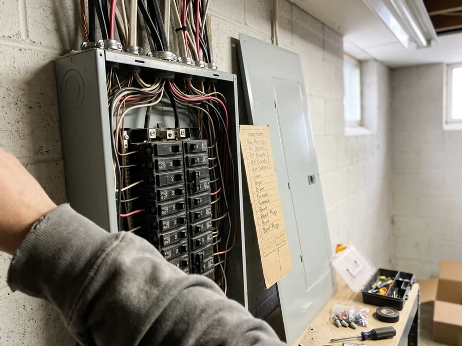 Full main panel with every breaker slot occupied before a subpanel was added