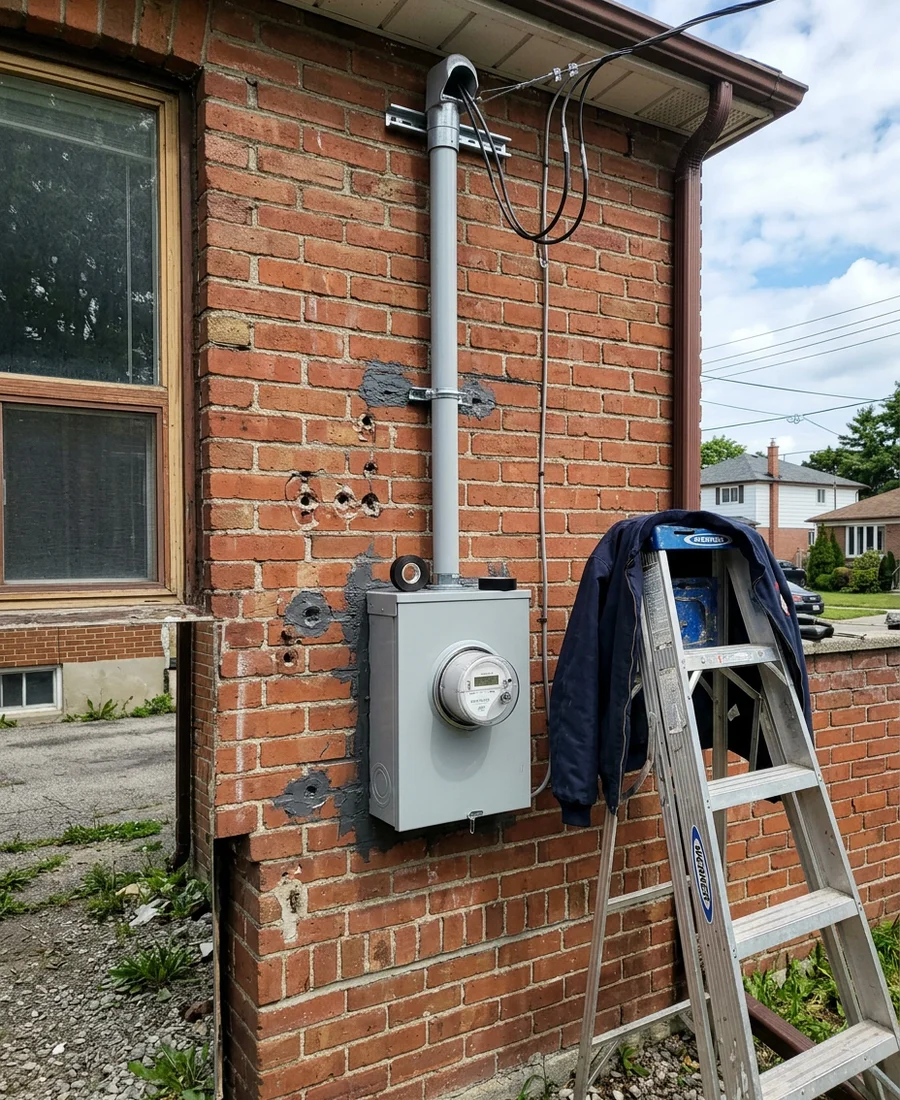 New meter base and weatherhead fitted ready for utility reconnect