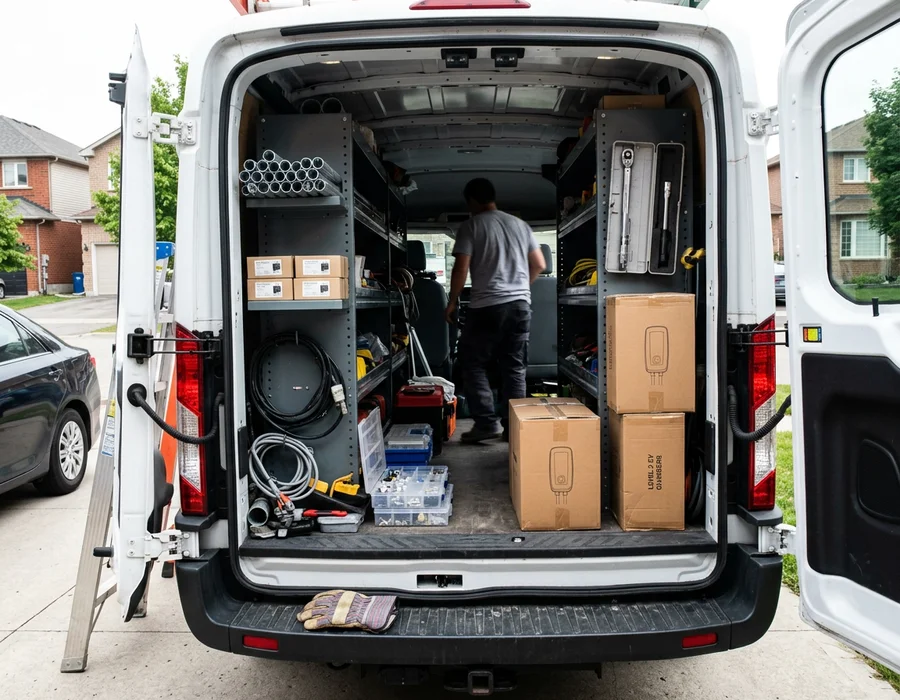Van shelving stocked with conduit, breakers, and boxed Level 2 EV chargers