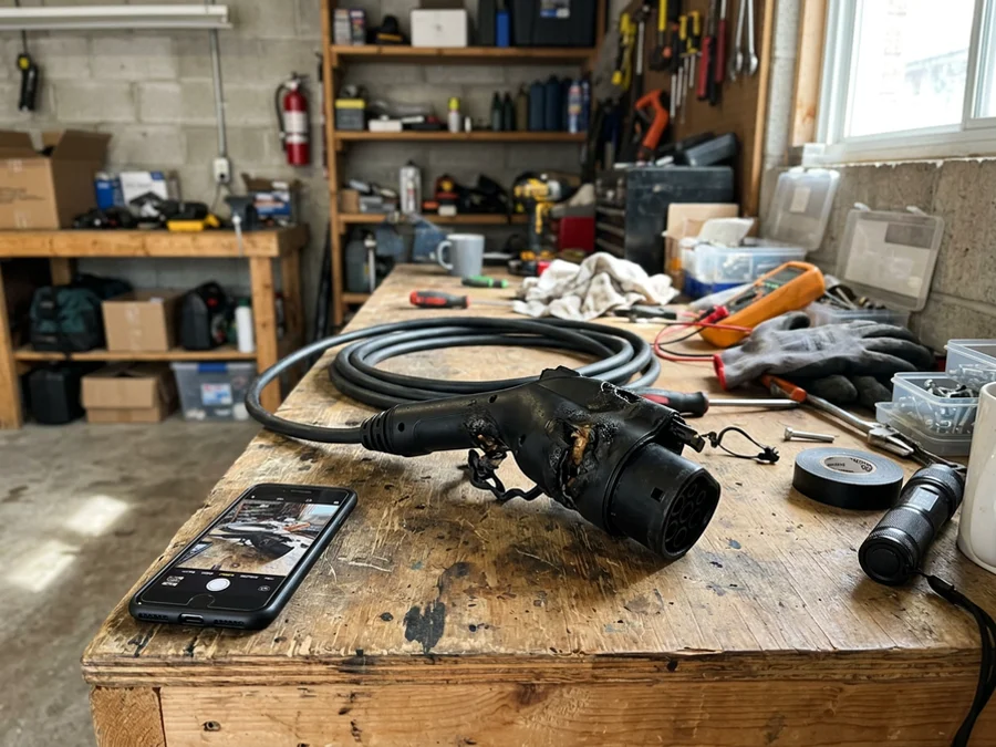 Overheated EV charger connector with melted housing during fault diagnosis