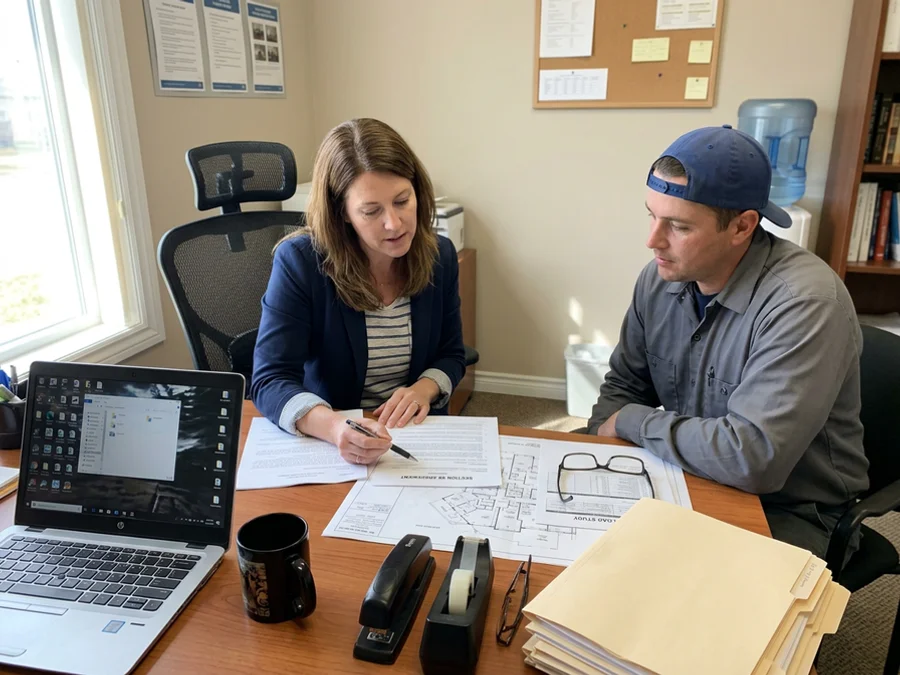 Property manager and electrician reviewing Section 98 documentation
