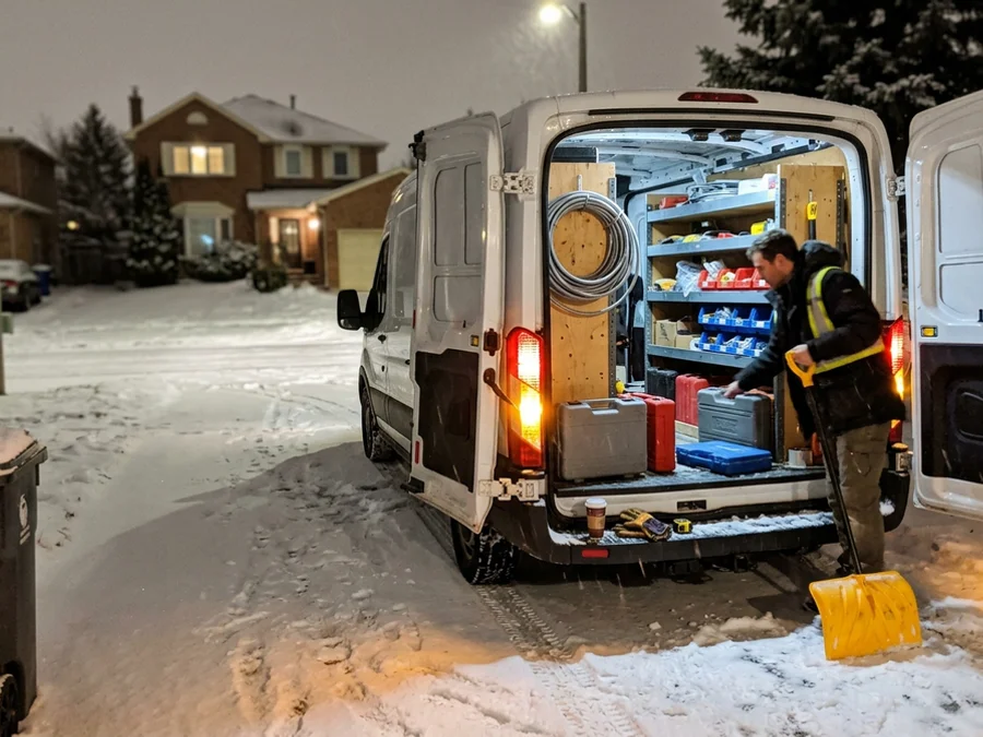 Service van in a snowy GTA driveway during a night emergency call-out