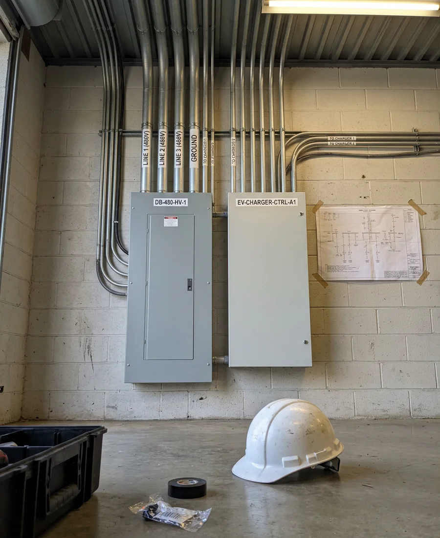 Three-phase distribution panel and OCPP networked charger controller in a commercial electrical room