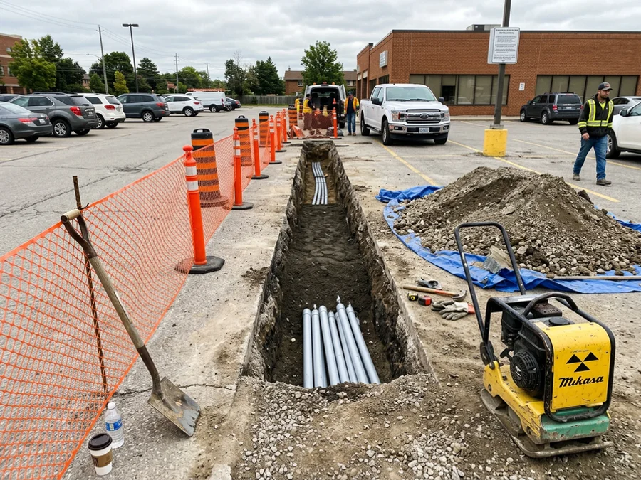 Trenching and conduit installation across a commercial parking lot