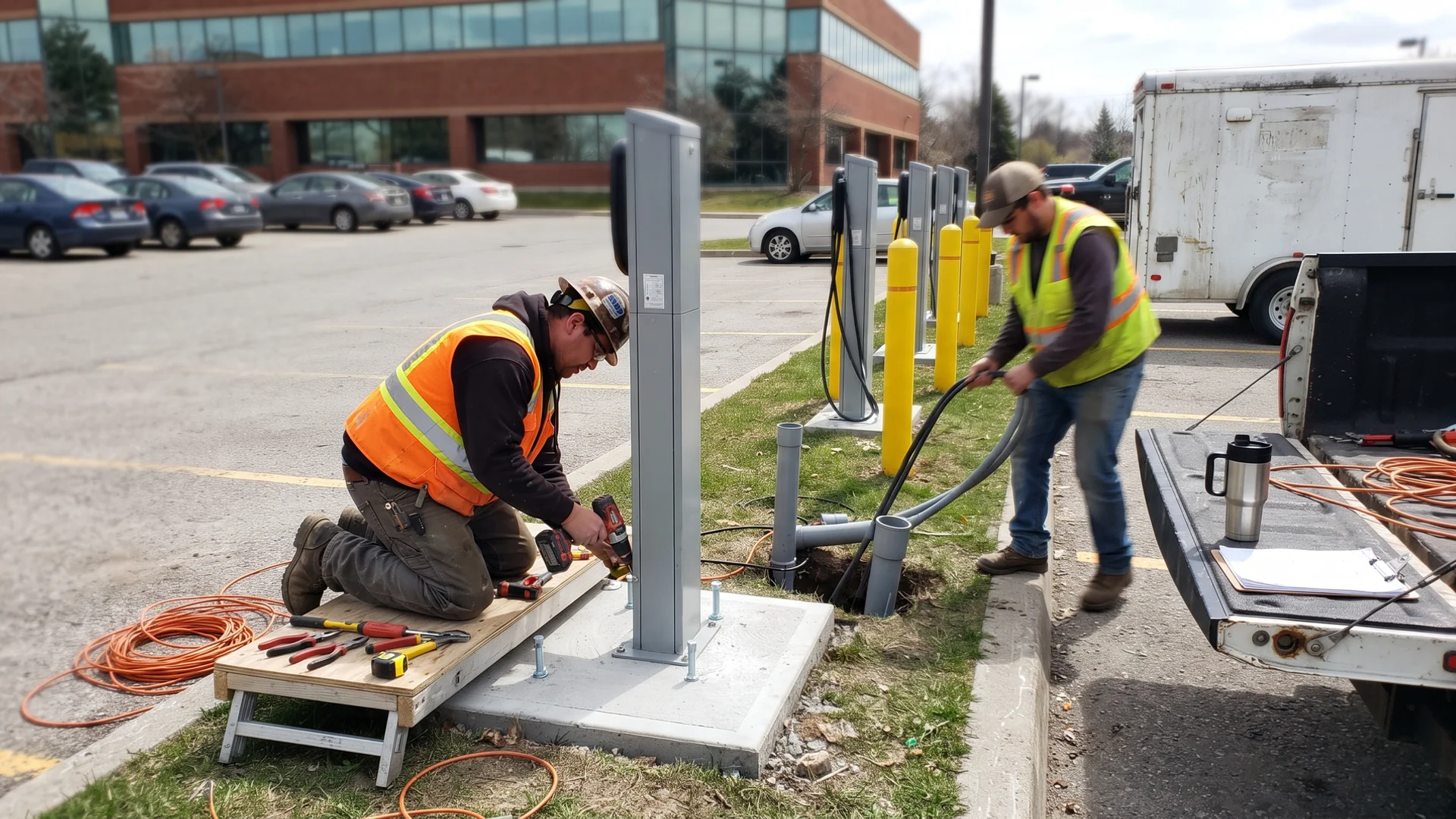Electricians installing commercial Level 2 EV chargers in a Toronto office parking lot