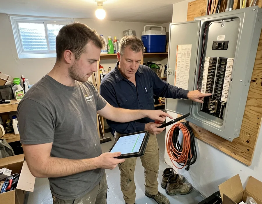 Two electricians reviewing a load calculation in front of an open 200A panel