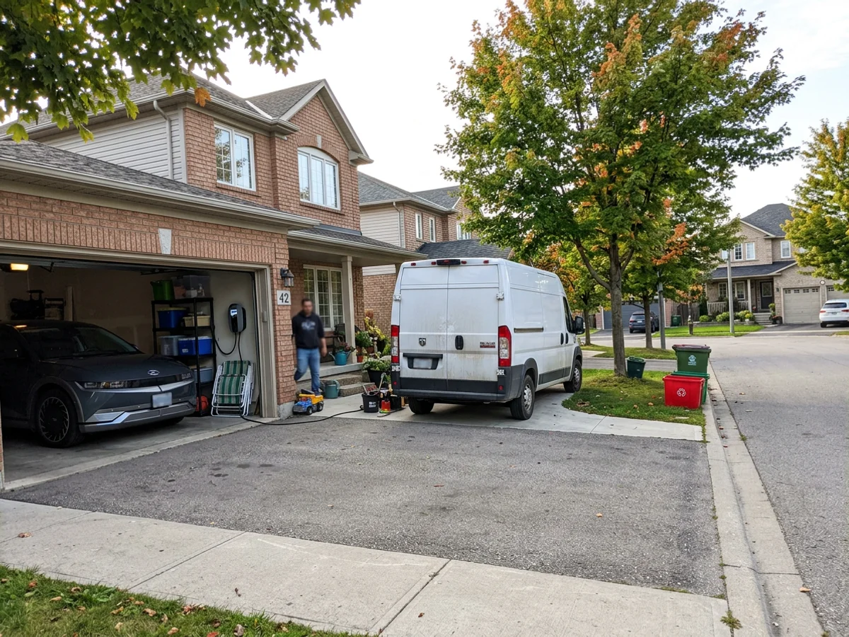 Branded electrical work van parked in a Greater Toronto Area driveway beside a charging electric car